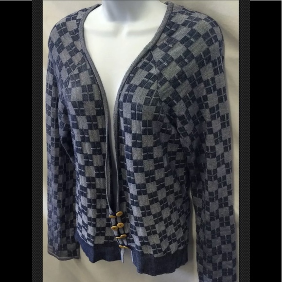 HWR Monogram Cardigan Sweater Blue Anthropologie Boyfriend Checkerboard Silk - Picture 6 of 9
